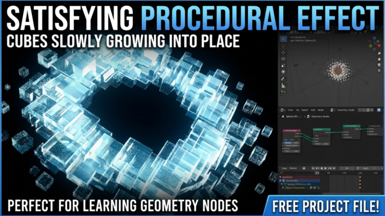 Satisfying procedural effect — cubes slowly growing into place Full Blender project file is free Perfect for learning Geometry Nodes