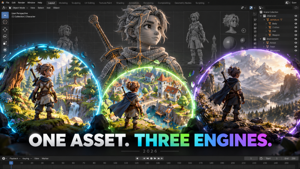 Stylized character asset in a Blender-style interface with three game-engine environments.