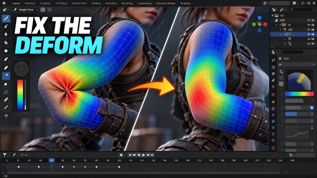 Blender-style weight-paint comparison of a deformed and corrected character elbow.