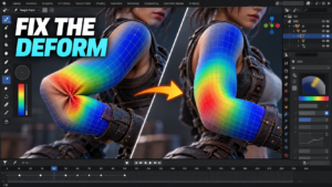 Blender-style weight-paint comparison of a deformed and corrected character elbow.