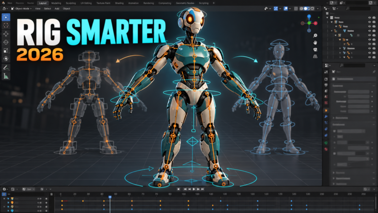Stylized Blender-style character rig with orange bones and cyan controls.